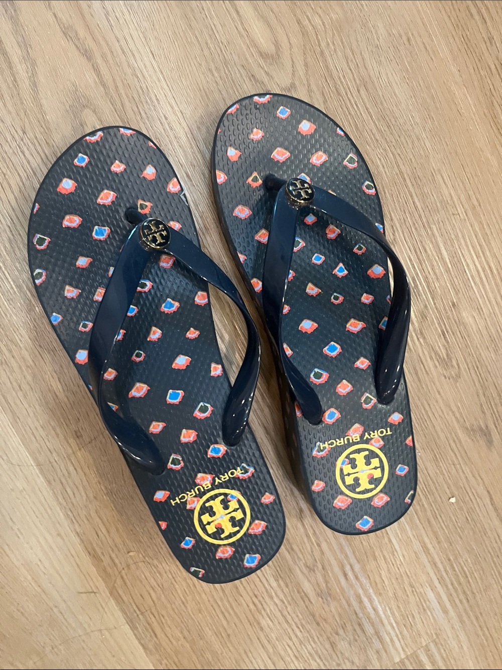Tory Burch Navy Flip Flop Sandals with Multicolor Print